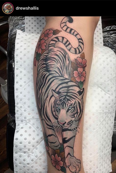 Tiger Back Tattoo Woman, Tiger Leg Tattoo, Tiger Butterfly Tattoo, Traditional Tiger Tattoo, Flower Leg Tattoos, Lower Leg Tattoos, Hip Thigh Tattoos, Full Leg Tattoos, Hand Tattoos For Women