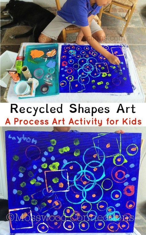 Recycled Shapes Art; A Process Art Activity for Kids; Recycled Shapes Process Art Project Special Needs Painting Ideas, Shape Process Art Preschool, Painting With Recycled Materials, Reggio Process Art, Recycled Art Preschool, Preschool Messy Art, Recycle Study For Preschool, Prek Process Art Ideas, Preschool Art Station