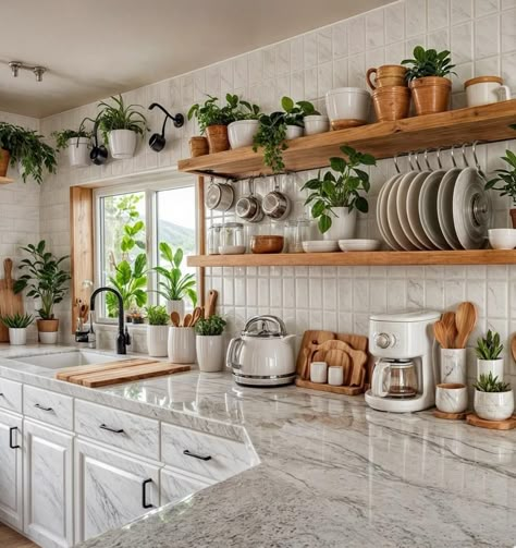 Soft Kitchen Aesthetic, Natural Home Aesthetic, Plants In Kitchen, Earthy Kitchen, Boho Kitchen Ideas, Zimmer Diy, Kitchen Shelf Decor, Home Decor Idea, Small Kitchen Decor