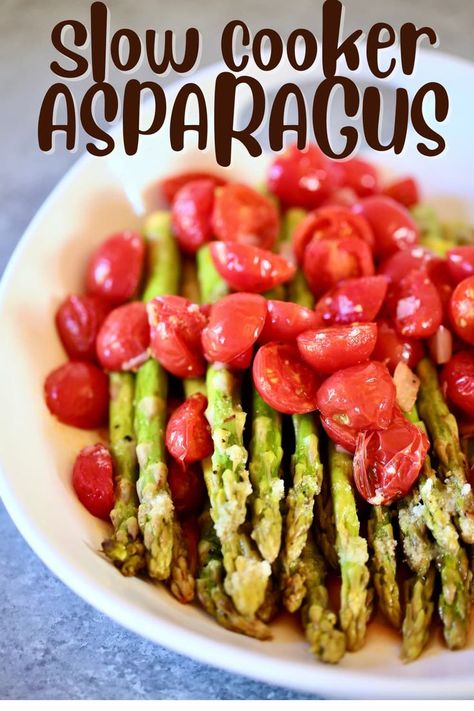 a platter of asparagus and a text overlay. Christmas Asparagus, Slow Cooker Asparagus, Asparagus Side Dishes, Party Food Vegetables, Easter Side Dishes Vegetables, Bacon Side Dishes, Asparagus Side, Asparagus Side Dish, Vegetable Slow Cooker