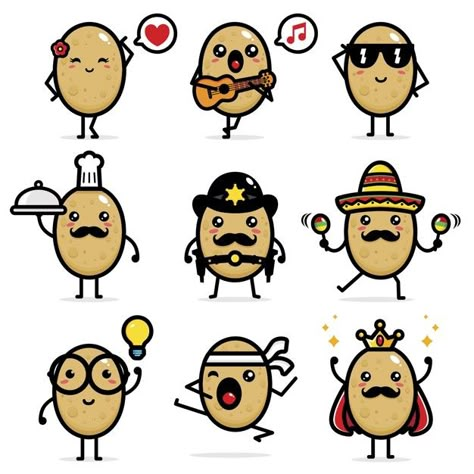 Set of cute potato vector designs Premiu... | Premium Vector #Freepik #vector #food Cute Potato Drawing, Potato Logo Design Ideas, Potato Tattoo Cute, Potato Drawing Cute, Potato Picture Cute, Potato Decorations, Potato Logo Design, Potato Animation, Potato Animated