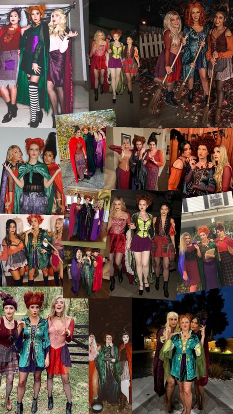 A collage of girl groups dressed as the Sanderson Sisters from Hocus Pocus, featuring individual costumes for Winifred, Sarah, and Mary, showcasing a variety of unique and magical group Halloween outfit ideas. Hocus Pocus Witches Costumes, Hocus Pocus Group Costume, Hocus Pocus Winifred Costume, Mary Sanderson Costume Diy, Hocus Pocus Costume Ideas, Sarah Hocus Pocus, Hocus Pocus Witch Costume, Sanderson Sisters Costumes Diy, Mary Sanderson Costume