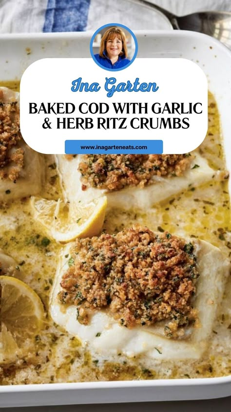 Ina Garten Baked Cod With Garlic & Herb Ritz Crumbs Cod Au Gratin Recipes, Baked Cod Recipes Oven Easy, Baked Cod Recipes Oven, Cod Recipes Baked, Cod Recipes Oven, Baked Cod Fillets, Oven Baked Cod, Baked Cod Recipes, Cod Fillets