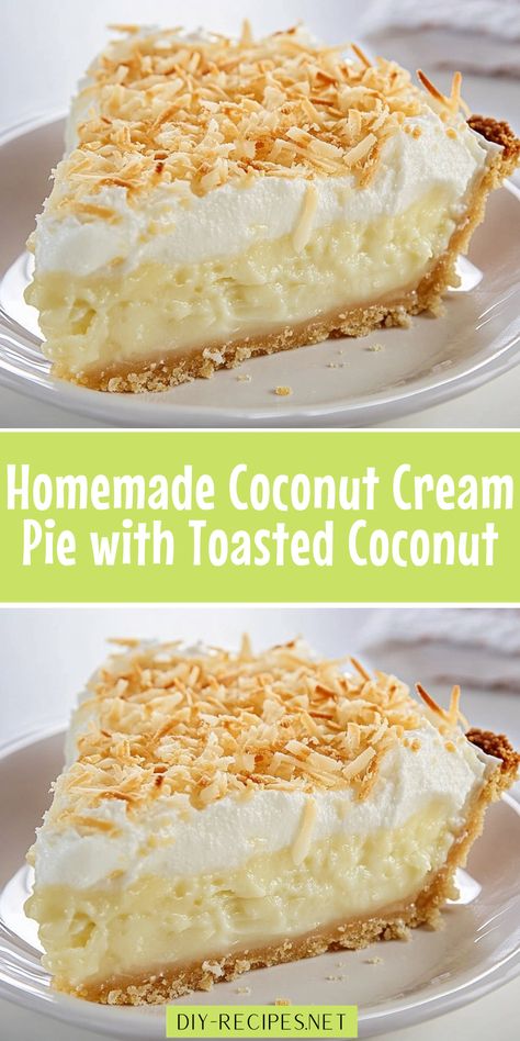 Try this homemade coconut cream pie recipe for a classic dessert! Topped with sweet whipped cream and toasted coconut, it’s creamy, rich, and irresistible. Coconut Macaroon Pie Recipe, Coconut Cream Pie With Pudding, Coconut Cream Recipes Canned, Coconut Cream Pie Bars Recipe, Coconut Pudding Recipes, Best Coconut Pie Recipe, Coconut Cream Pie With Meringue, Marscapone Recipes, Coconut Custard Pie Recipe