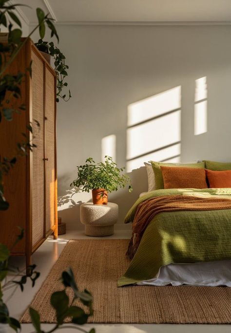 Refreshing Bedroom Ideas, Green Aesthetic Bedroom, Summer Bedroom Aesthetic, Orange Room Decor, Flat Aesthetic, Diy Mid Century Modern, Airy Bedroom, Orange Bedroom, Summer Bedroom