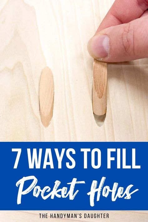 Pocket holes make building furniture easy, but those big holes are so ugly! Learn how to fill pocket holes 7 different ways to hide them! Kreg Jig Projects, Pocket Holes, Pocket Hole Joinery, Wooden Plugs, Essential Woodworking Tools, Wood Putty, Budget Design, Wood Plugs, Building Furniture