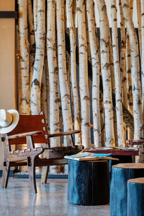 Hotel Tour | Jackson Hole Hotel | The Cloudveil Decorative Branches, Wyoming Wedding, Tree Logs, Log Wall, Showroom Ideas, Birch Branches, Loft Room, Branch Decor, Hotel Project