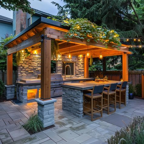 outdoor entertaining space with a wood pergola and outdoor kitchen with a bbq and stone and concrete island Pergola And Outdoor Kitchen, Concrete Island, Bbq Shed, Outdoor Grill Station, Beautiful Outdoor Living Spaces, Outdoor Kitchen Plans, Build Outdoor Kitchen, Building A Pergola, Backyard Gazebo