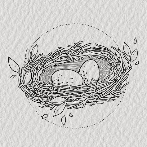 Tattoo line art of bird nest with eggs and geometric circle and twigs around it Robins Nest Tattoo, Birds Nest Tattoo, Nest Inktober, Bird Nest Drawing, Watercolor Outline, Nest Tattoo, Nest Drawing, Nest Illustration, Skin Pictures