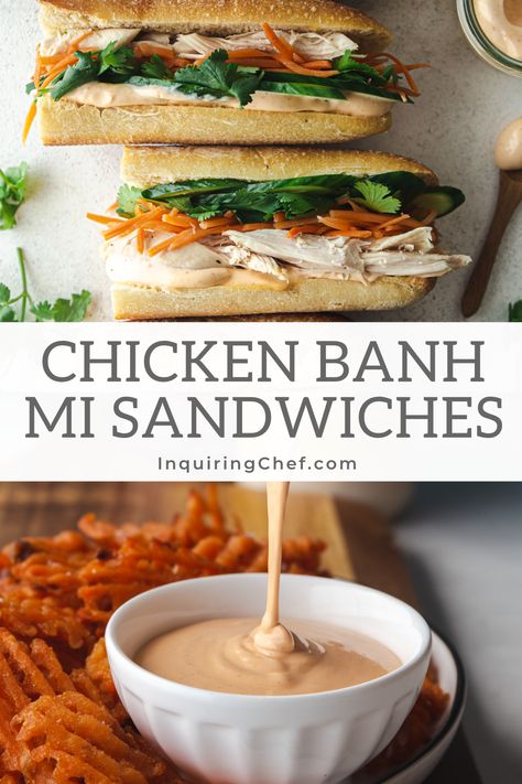 Chicken Banh Mi, Juicy Shredded Chicken, Chicken Enchilada Pasta, Baguette Sandwich, Vietnamese Sandwich, Banh Mi Sandwich, Sriracha Mayo, Chicken Sandwich Recipes, Simple Menu