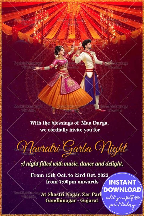 This is a Garba invitation that captures the spirit of Garba, with the usage of bright, festive colors, and incorporates traditional motifs like dandiya sticks, lamps, and lotus flowers. #dasara #garba #navratri #dussehra2023 #dussehra Dandiya Night Invitation, Garba Invitation, Dandiya Sticks, Dandiya Night, Garba Navratri, Dussehra Greetings, Disney Princess Quotes, Happy Navratri, Lotus Flowers