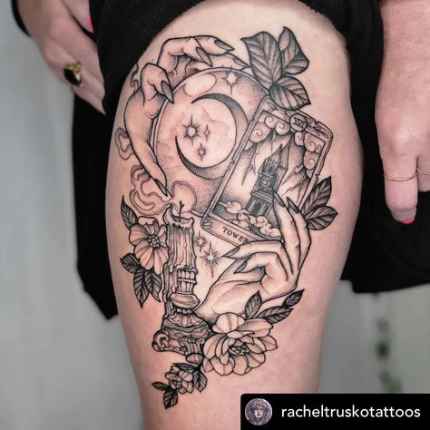 Skull Shin Tattoos For Women, Tarot Card Inspired Tattoos, The Empress Tattoo Ideas, Witchy Ankle Tattoo, Aquatofana Tattoo, Witch Sleeve Tattoo, Inner Calf Tattoos For Women, Tarot Cards Tattoo Ideas, Empress Tarot Card Tattoo