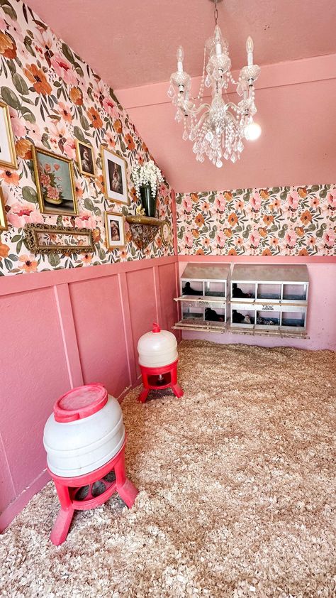 countryliving Painted Chicken Coop Ideas Hen House, Wallpapered Chicken Coop, Diy Silkie Chicken Coop, Chicken Nursery Coop, Chicken Coop With Chandelier, Wallpaper In Chicken Coop, Fancy Chicken Coop Ideas, Girly Chicken Coop, Wallpaper Chicken Coop