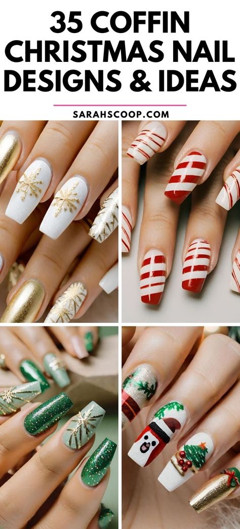 Get into the holiday spirit with these festive Coffin Christmas Nail Designs! 🎄💅 #nailinspo #christmas #coffinnails Christmas Nail Art Coffin, Coffin Shaped Christmas Nails, Coffin Nails Designs Christmas, Holiday Coffin Nails, Holiday Coffin Nail Designs, Holiday Nails Coffin Shape, December Nail Ideas Coffin, Holiday Nails Acrylic Coffin, Coffin Nails Christmas