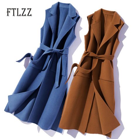 New 2020 Spring Autumn Sleeveless Vest Women Slim With Blet Meidum Long Outerwear Elegant Turn Down Collar Woman Vests Mujer Material: Polyester Model Number: pd Closure Type: None Decoration: Sashes Pattern Type: Solid Clothing Length: Long Collar: V-Neck Style: Office Lady Summer Vest, Lapel Jacket, Belted Cardigan, Long Vests, Simple Chic, Sleeveless Jacket, Woolen Coat, Spring Women, Vest Fashion