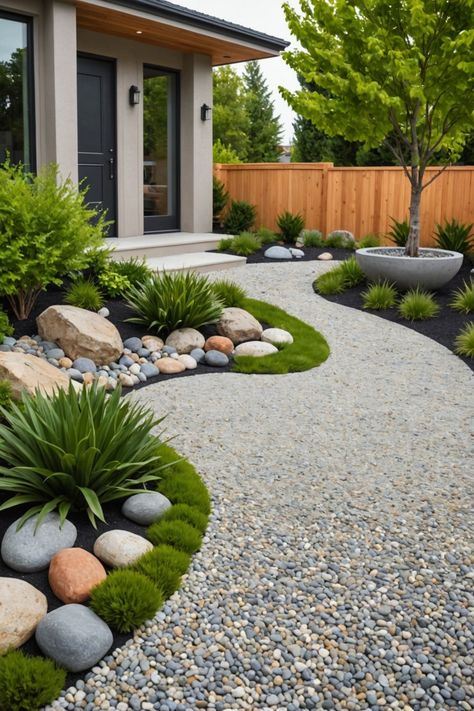 20 Modern Front Yard Landscaping Ideas - Toolz Geek Front Yard Landscaping Farmhouse Style, Minimal Front Landscaping, Lawn Free Front Yard Landscaping Ideas, Front Yard Landscaping Minimalist, Minimal Grass Front Yard, Front Yard Landscaping Plans Layout, Zeroscaping Front Yard Ideas, Front Yard Landscaping Design Modern, Land Scaping Design