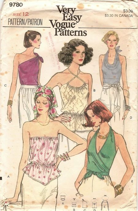 70s Vogue, Vintage Clothes Patterns, Tops Sewing, 1970s Sewing Patterns, Patron Vintage, Fashion Illustration Vintage, Vintage Dress Patterns, Halter Tank, Retro Mode