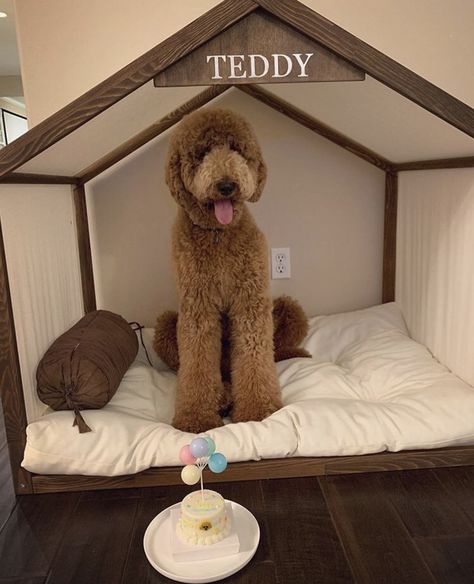 Dog Bed Set Up In Room, Dog Bed Bedroom, Dog Bed Area In Bedroom, Dog House Aesthetic, Indoor Dog House Diy, Dog House Inside, Dog Bed Frame, Wood Dog Crate, Dog Room Decor