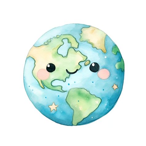 Kawaii Earth Watercolor Clipart AI Generated Kawaii Earth, Earth Watercolor, Earth Clipart, Aesthetic Highlight Covers Instagram Pink, Kawaii Planet, Childrens Art Projects, Earth Illustration, Kawaii Disney, Happy Paintings