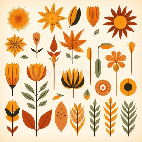 Retro Autumn Flower Collection: Vintage Style Art with Graphic Modular Forms. Illustration about sunflower, light, icons, collection, style, palette, styles, color, retro - 303970727 Sunflower Color Palette, Style Palette, Earth Tone Color Palette, Retro Autumn, Abstract Animal Art, Sunflower Colors, Earth Tone Color, Garden Illustration, Autumn Illustration