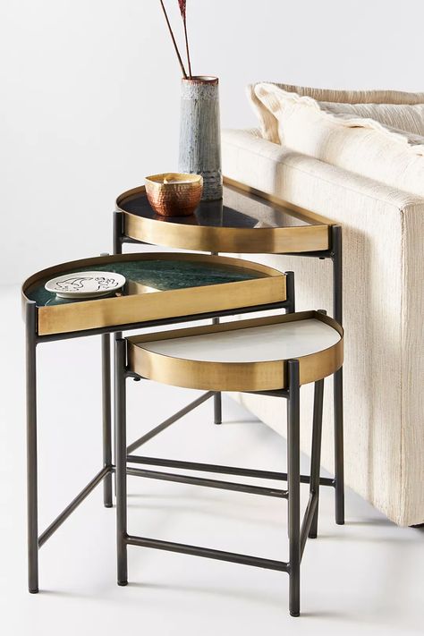 Danika Marble Nesting Table Set | Anthropologie Unique Living Room Furniture, Unique End Tables, Kitchen 2020, Small Accent Tables, Drum Side Table, Side Table Decor, Nesting Table, Oak Side Table, Stainless Steel Table