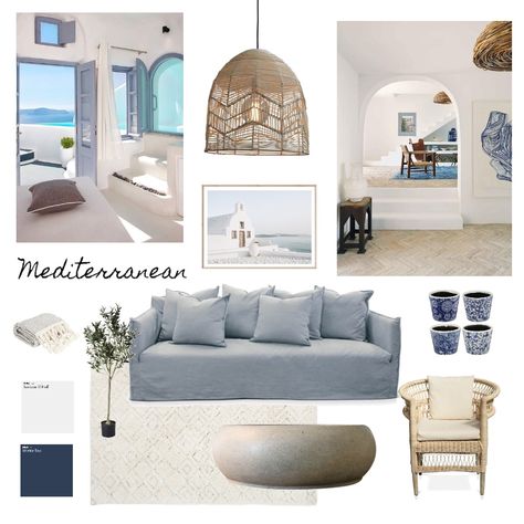 Mediterranean Living Rooms Greek Islands, Mediterranean Interior Design Style Mood Board, Mediterranean Indoor Decor, Mediterranean Coastal Interior, Colourful Coastal Interior, Mediterranean Interior Mood Board, Mediterranean Interior Color Palette, Mood Board Mediterranean, Mediterranean Moodboard Interior Design