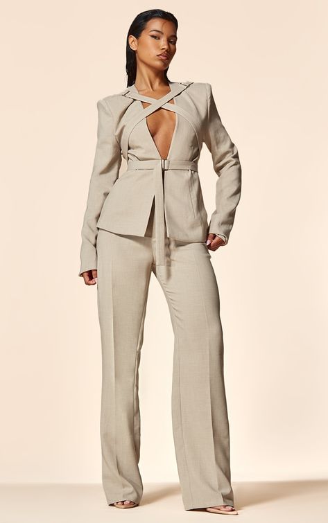 PLT Label Oatmeal Tailored Straight Leg Trousers Styling Straight Leg Pants, Lady Lawyer Aesthetic, Tailored Suit Women, Lawyer Fits, Graduation Outfits For Women, Women Pants Suits, Tailored Aesthetic, Bold Glamour, January Fashion