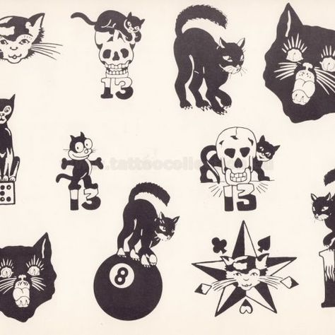 Trad Tattoos Flash, Old Tattoo Flash, Traditional Cat Tattoo Flash, Vintage Flash Sheet, Sailor Mosko, Vintage American Traditional Tattoo Flash, Traditional Halloween Tattoo Flash, Cool Tattoo Flash, Cat Traditional Tattoo