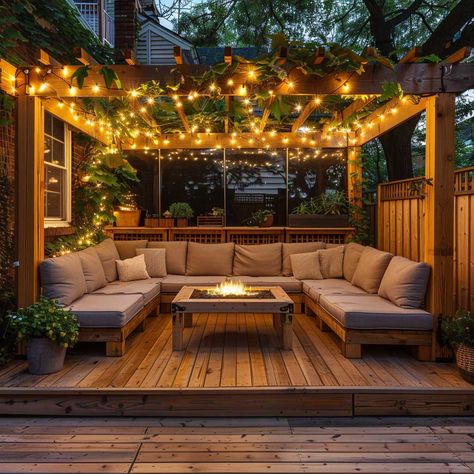 Garden Decking Furniture Ideas, Outdoor Living Pergola, Decked Backyard Ideas, Back Deck Pergola Ideas, Decking Small Garden, Comfy Deck Ideas, Small Deck Around Tree, Jacuzzi Outdoor Ideas Patio Decks, Outdoor Decking Seating Area