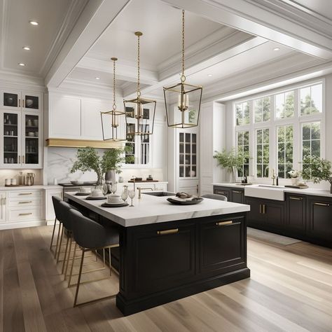 Thoughtful use of colors, textures, and materials elevates this kitchen to a regal and hospitable level Brushed Brass Kitchen, Modern Classic Kitchen, Room Amazon, Hamptons Kitchen, Foyer Dining Room, Grand Kitchen, Classic Kitchen Design, Lake House Kitchen, Green Kitchen Cabinets