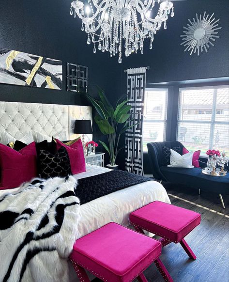 Red Bedroom Decor Ideas For Women, Plush Pink Bedroom Ideas, Black Pink And Silver Bedroom, Black White Pink Decor, Hot Pink And Black Bedroom Ideas, Black White And Pink Bedroom Aesthetic, Black Bedroom With Pop Of Color, White Black And Pink Bedroom, Black Pink And White Bedroom