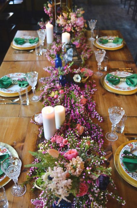 A Floral Table Runner in Heather, Anemones, Astilbe, and Wildflowers | Nicole Marie Photography | See More! http://heyweddinglady.com/boho-brewery-wedding-inspiration-in-rich-jewel-tones/ Flowers And Candles, Brewery Wedding, Jewel Tone Wedding, Table Setting Inspiration, Floral Table Runner, Floral Table, Boho Chic Wedding, Elegant Dinner, Long Table