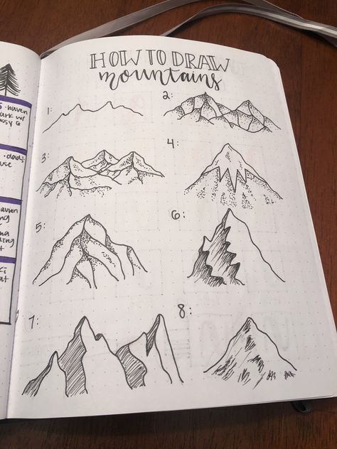 How To Draw Mountains, Bounce Lettering, Sketch Note, Mountain Drawing, Doodle Art Journals, Doodle Art Drawing, Bullet Journal Mood, Bullet Journal Aesthetic, Bullet Journal Notebook