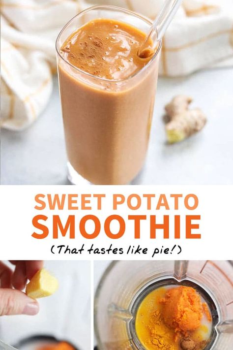 This SWEET POTATO SMOOTHIE is a healthy way to use up leftover baked sweet potatoes. It tastes like a holiday pie! Naturally-sweetened and dairy-free. #smoothie #sweetpotato Paleo Smoothies, Potato Calories, Sweet Potato Smoothie, Sweet Potato Benefits, Healthy Beverages, Smoothie Recipes For Kids, Sweet Potato Cinnamon, Homemade Almond Milk, Stuffed Sweet Potato Healthy