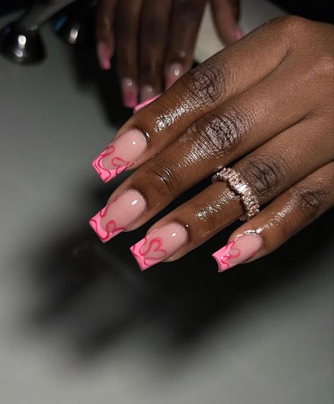 Pink Nails Art Ideas, Shortie Valentine Nails, Nail Business Names Ideas Unique, French Tip Nails Valentines Day, French Tip Nails Valentines, Pink French Tip Nails, Nails Valentines Day, Pink French Tip