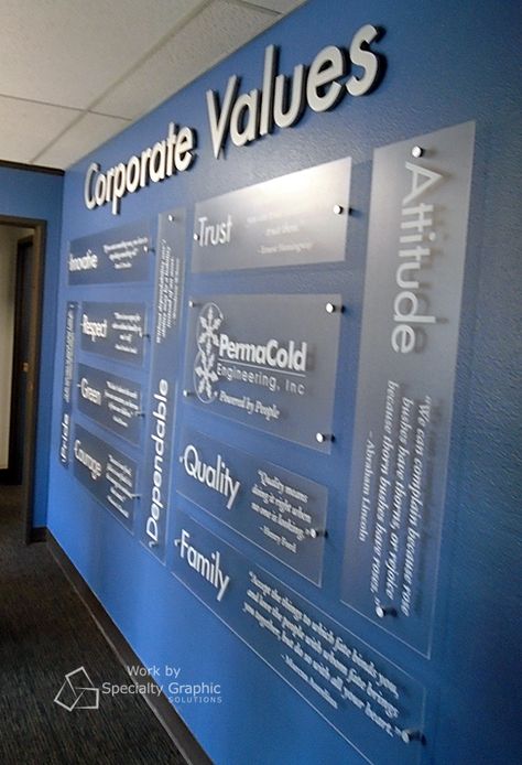 Office Wall Graphics, Office Graphics, Interior Kantor, Corporate Values, Office Wall Design, Lobby Sign, Corporate Office Decor, Info Board, Corporate Office Design