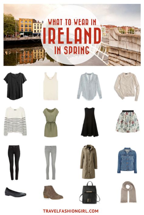 Planning a trip to Ireland in the Spring? Use this packing list to help you pack light for your trip. Click here for an easy to use and comprehensive packing list for Ireland in Spring. | TravelFashionGirl.com What To Wear In Dublin Ireland, Travel Capsule Wardrobe Ireland Spring, Trip To Scotland Outfits, What To Wear To Ireland In Spring, Trip To Ireland What To Wear, Denver Packing List Spring, Outfits For Dublin Ireland Spring, What To Pack For Ireland In May, Ireland In May Outfits