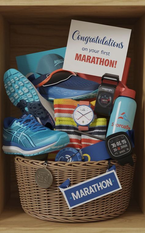 Gift baskets for first-time marathoners with motivational quotes and recovery items. Marathon Gift Basket, Runners Gift Basket, Marathon Gift, First Marathon, Celebration Ideas, Gifts For Runners, Gift Basket Ideas, Basket Ideas, Unique Ideas