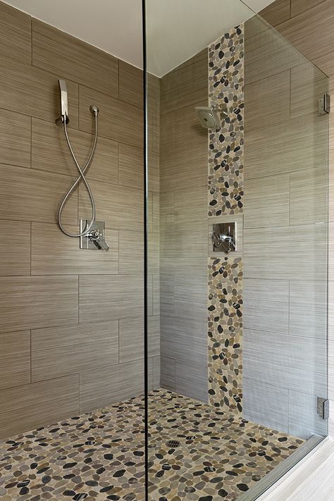 Nice use of pebble tiles on the floor and running up the shower head wall! Floor Designs, Mosaic Floor, Diy Bathroom Remodel, Bathroom Shower Tile, Bathroom Remodel Shower, Shower Remodel, Shower Stall, Bath Room, Bathroom Remodeling