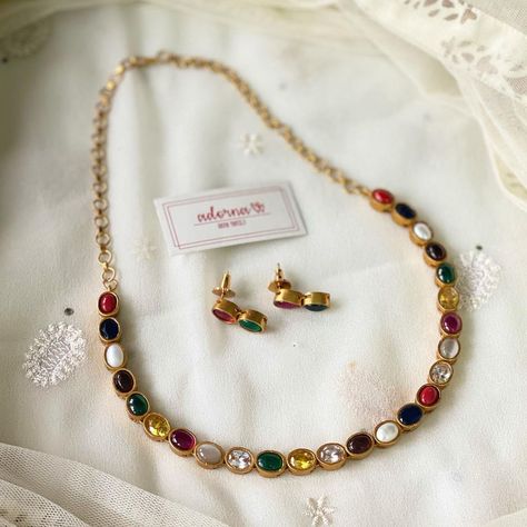 Gold Necklace Set South Indian, 22k Gold Necklace Set Simple, Navratna Necklace Set, Navratna Necklace Gold, Kundan Jewellery Set Simple, Navratna Earrings, Navaratna Necklace, Navratna Jewellery, Navratna Necklace