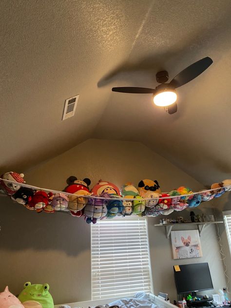 Used a volleyball net to display/store my daughter’s Squishmallow collection Cute Ways To Store Squishmallows, Big Squishmallow Storage, Squishmallow Hanging Net, Net For Squishmallows, Plush Net Ideas, Squishmallow Storage Net, Squishmallow Net Storage, Squish Mellow Net, Displaying Squishmallows