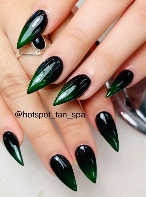 Witchy Nails Blue, Witch Coffin Acrylic Nails, Black Nails Green Accent, Short Green Stilleto Nails, Black And Dark Green Nails Acrylic, Gothic Almond Nails Designs, Black And Green Ombré Nails, Ombre Emerald Green Nails, Emerald Green And Black Ombre Nails