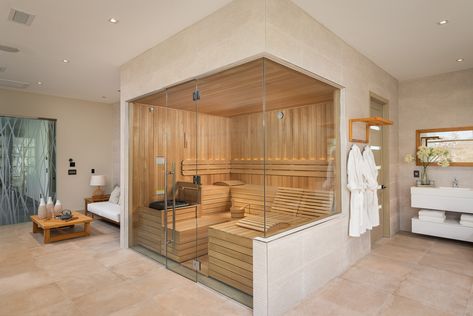 Beautiful Finnleo custom-cut sauna in a home wellness room. #health #wellness #wellbeing #sauna #homesauna #modernsauna #customsauna #saunadesign #bathinspo #homeinspo Building A Sauna, Home Spa Room, Wellness Room, Indoor Sauna, Traditional Saunas, Sauna Design, Outdoor Sauna, Sauna Room, Spa Design