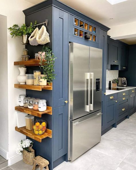 Awkward Space Kitchen, Stove Next To Refrigerator Layout, Kitchen Island With Support Post Brick, Painted Kitchen Cabinets Apartment, Side Of Cabinet Ideas Kitchen, Artistic Kitchen Design, Small Kitchen With A Lot Of Storage, Kitchen Cabinets On One Wall, Shelves Around Refrigerator