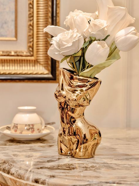 For your luxurious home aesthetic. - 7.5” H x 4” W Modern Gold Home Decor, Cream And Gold Decor, Tall Floor Decor, Modern Girly Apartment Decor, Gold House Decor Interior Design, Glam Bathroom Decor Luxury, Gold Aesthetic Room, Gold Room Aesthetic, Gold Luxury Aesthetic