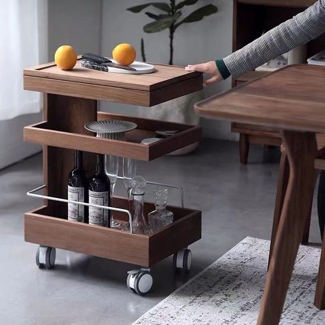 Mini Bar Ideas Small Spaces, Wooden Bar Cart, Wood Cart, Wine Tray, Wood Bar Cart, Bar Serving Cart, Minimal Living Room, Wine Kitchen, Woodworking Projects Furniture