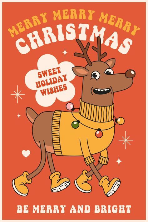 Merry Christmas and Happy New year. Reindeer in trendy retro cartoon style. Happy New Year Poster Graphics, Christmas Ad Design, Christmas Stickers Aesthetic, Merry Christmas Illustration, Happy New Year Illustration, Retro New Year, Xmas Illustration, Xmas Poster, Reindeer Illustration