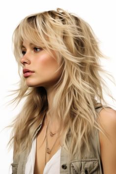 Embrace the essence of summer with a blonde shaggy mullet hairstyle. This sun-kissed color perfectly complements the wavy texture making it an excellent choice for warmer weather. Click here to check out more trending shaggy mullet hair ideas for 2023. Long Wavy Mullet Hairstyle Women, Medium Blonde Shag Haircut, Women Mullet Long, Hairstyles 2024 Women, Medium Layered Shag With Fringe, Shaggy Long Hair With Bangs, Female Mullet Long, 2024 Hair Trends For Women Long, Mullet Shag Hairstyle Women