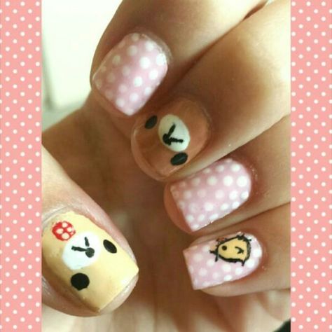 Korilakkuma Nails, Cutecore Nails, Rilakkuma Nails, Polka Dot Nails, Cute Nail, Pretty Gel Nails, Really Cute Nails, Soft Nails, Kawaii Nails