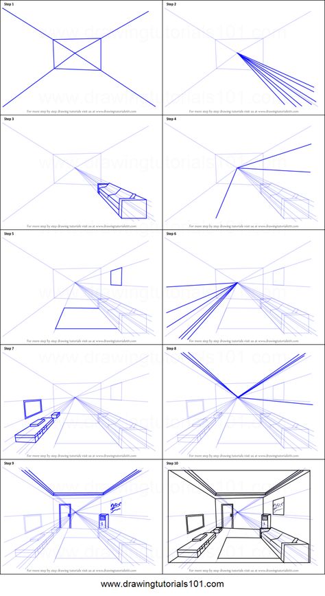 How to Draw One Point Perspective Room Printable Drawing Sheet by DrawingTutorials101.com One Point Perspective Tutorial, One Point Drawing Perspective, Drawing Shapes In Perspective, One Point Room Perspective Drawing, Step By Step Perspective Drawing, 3 Point Perspective Drawings, How To Perspective Drawing, 3 Point Perspective Grid, Drawing Perspective Room